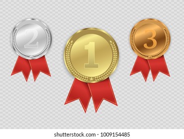 Set of gold,  bronze and silver.  Award medals isolated on transparent background. Vector illustration of winner concept.