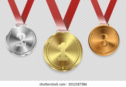 Set of gold, bronze and silver. Award medals isolated on transparent background. Vector illustration of winner concept.