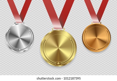 Set of gold, bronze and silver. Award medals isolated on transparent background. Vector illustration of winner concept.