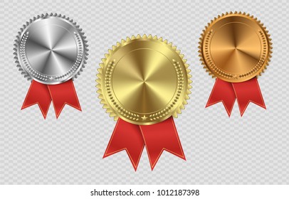 Set of gold, bronze and silver. Award medals isolated on transparent background. Vector illustration of winner concept.