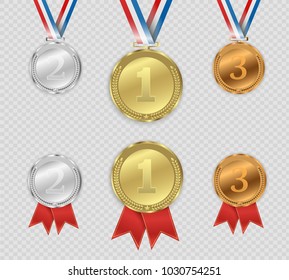 Set of gold, bronze and silver. Award medals isolated on transparent background. Vector illustration of winner concept.