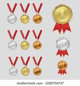 Set of gold, bronze and silver. Award medals isolated on transparent background. Vector illustration of winner concept.