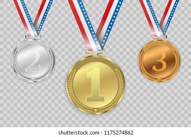 Set of gold, bronze and silver. Award medals isolated on transparent background. Vector illustration of winner concept.