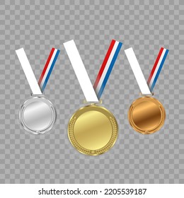 Set of gold, bronze and silver. Award medals isolated on transparent background. Vector illustration of winner concept.	