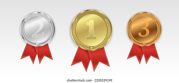 Juego de oro, bronce y plata. Medallas de premio aisladas en un fondo transparente. Ilustración vectorial del concepto del ganador.	