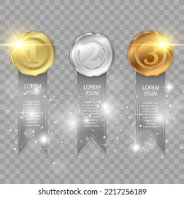 	
Set of gold, bronze and silver. Award medals isolated on transparent background. Vector illustration of winner concept.	
