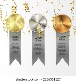 Set of gold, bronze and silver. Award medals isolated on transparent background. Vector illustration of winner concept.	