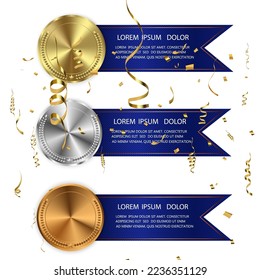 Set of gold, bronze and silver. Award medals isolated on transparent background. Vector illustration of winner concept.	