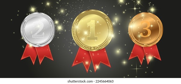 Set of gold, bronze and silver. Award medals isolated on transparent background. Vector illustration of winner concept.