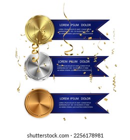 	
Set of gold, bronze and silver. Award medals isolated on transparent background. Vector illustration of winner concept.