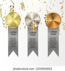 Set of gold, bronze and silver. Award medals isolated on transparent background. Vector illustration of winner concept.