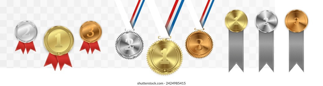 Set of gold, bronze and silver. Award medals isolated on transparent background. Vector illustration of winner concept.	