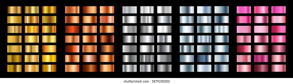 Juego de oro, bronce, plata, gradientes rosados, colección de cuadrados dorados, grupo de texturas metálicas, conjunto de fondo - vector de stock