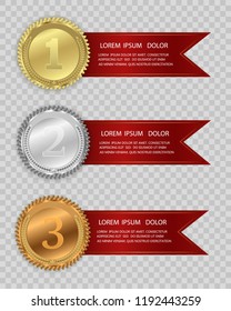 Set of gold, bronze and silver. Winner award competition, prize medal and banner for text. Award medals isolated on transparent background. Vector illustration of winner concept.