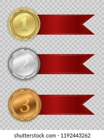 Set of gold, bronze and silver. Winner award competition, prize medal and banner for text. Award medals isolated on transparent background. Vector illustration of winner concept.