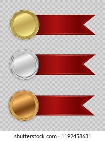 Set of gold, bronze and silver. Winner award competition, prize medal and banner for text. Award medals isolated on transparent background. Vector illustration of winner concept.