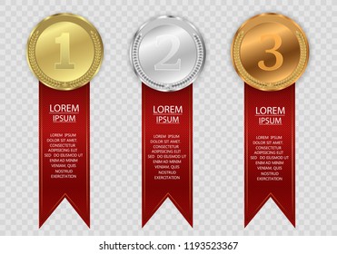 Set of gold, bronze and silver. Winner award competition, prize medal and banner for text. Award medals isolated on transparent background. Vector illustration of winner concept.