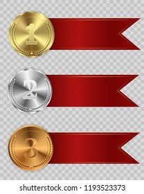 Set of gold, bronze and silver. Winner award competition, prize medal and banner for text. Award medals isolated on transparent background. Vector illustration of winner concept.