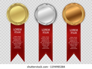 Set of gold, bronze and silver. Winner award competition, prize medal and banner for text. 