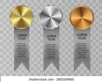 Set of gold, bronze and silver. Winner award competition, prize medal and banner for text. Award medals isolated on transparent background. Vector illustration of winner concept.