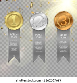 Juego de oro, bronce y plata. Concurso de premios, medalla de premios y banner de texto. Medallas de premio aisladas en un fondo transparente. Ilustración vectorial del concepto del ganador.	