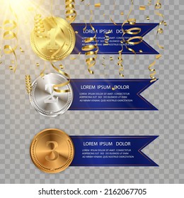 Set of gold, bronze and silver. Winner award competition, prize medal and banner for text. Award medals isolated on transparent background. Vector illustration of winner concept.	