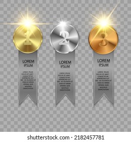 Juego de oro, bronce y plata. Concurso de premios, medalla de premios y banner de texto. Medallas de premio aisladas en un fondo transparente. Ilustración vectorial del concepto del ganador.	