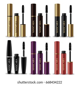 set of gold , brown , black , violet ,and pink mascara product on white background vector illustration