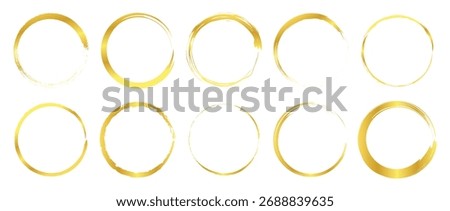 Set of gold brush hand drawn circle. Design elements for banner, decorations etc. Set different circle brush strokes isolated, hand drawn paint brush circle logo gold frame – for stock. 