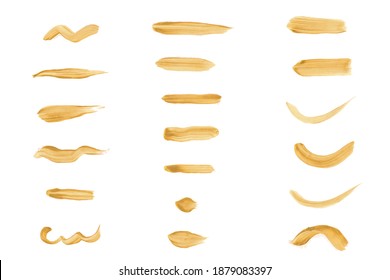 Set of gold brush paint stroke. Acrylic paint. Vector golden paint strokes, stain set. Abstract golden sparkling textured art illustration. Stock vector illustration.