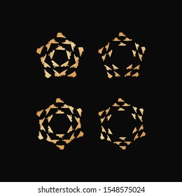 Set of gold brush stroke snowflake icon on sky background. Symbol of winter, cold and holidays. Simple winter elements for events, cards, wrapping paper and print. Golden vector illustration.