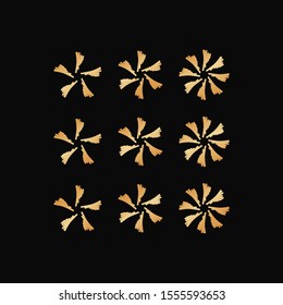 Set of gold brush stroke snowflake or star icon on black background. Symbol of winter, cold and holidays. Simple winter elements for events, cards, wrapping paper and print. Golden vector illustration
