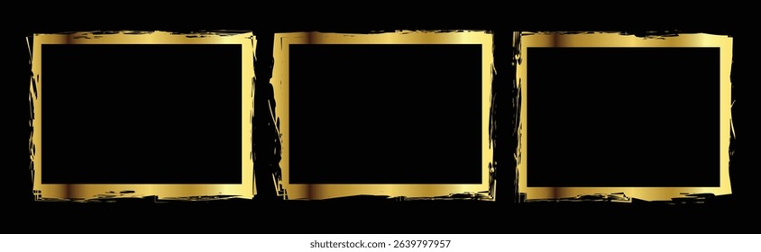 Set of gold brush stroke vector frames. Collection of shiny golden brush stroke shapes on black background, borders, or artistic highlights Art and Illustration.