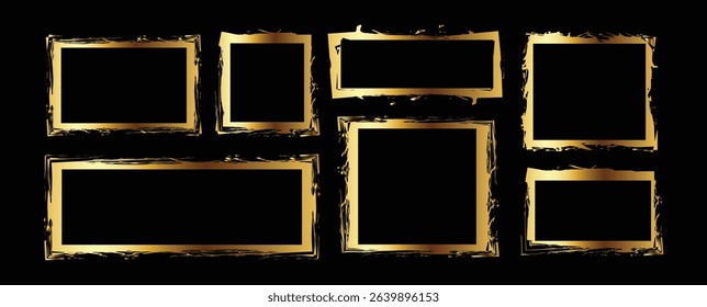 Set of gold brush stroke vector frames. Collection of shiny golden brush stroke shapes. Grunge brush golden frame set. Big collection of hand drawn golden grunge torn box shapes.	
