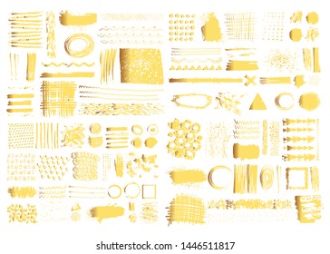 Set of  gold brush strokes. Editable isolated elements. Grunge brushes or banners for your design. Freehand vector illustration. Watercolor splash. Acrylic stamp.
