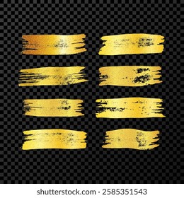 Set of gold brush strokes. Hand drawn ink spots isolated on dark transparent background. Vector illustration