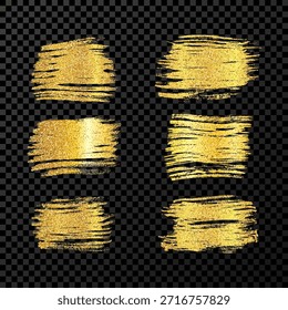 Set of gold brush strokes. Hand drawn ink spots isolated on dark transparent background. Vector illustration
