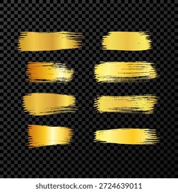 Set of gold brush strokes. Hand drawn ink spots isolated on dark transparent background. Vector illustration