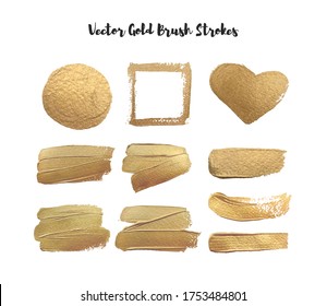 Set of gold brush strokes, heart, circle contour gold frame. Texture design element. Vector