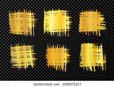 Conjunto de pinceladas de pincel dorado en forma cuadrada. Punto de tinta dibujado a mano aislado en un fondo transparente oscuro. Ilustración del vector