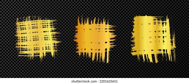 Set of gold brush strokes in square form. Hand drawn ink spot isolated on dark transparent background. Vector illustration