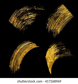 Set of gold brushstroke on black background vector illustration. Abstract hand drawn brushes