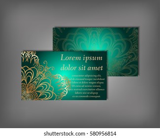 Set of gold business card, flyer template, abstract elegant pattern vector design editable. Hand drawn background. Islam, Arabic, Indian, ottoman. Mandala motifs.

