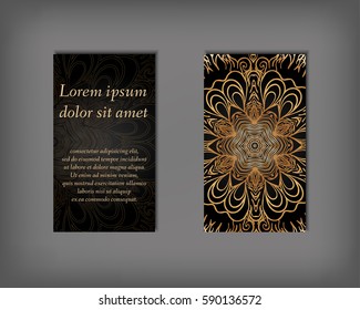 Set of gold business card, flyer template, abstract elegant pattern vector design editable. Hand drawn background. Islam, Arabic, Indian, ottoman. Mandala motifs.