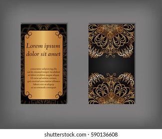 Set of gold business card, flyer template, abstract elegant pattern vector design editable. Hand drawn background. Islam, Arabic, Indian, ottoman. Mandala motifs.