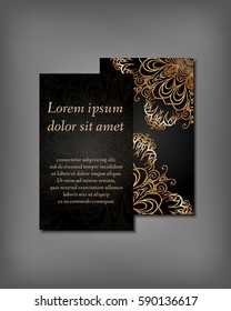 Set of gold business card, flyer template, abstract elegant pattern vector design editable. Hand drawn background. Islam, Arabic, Indian, ottoman. Mandala motifs.