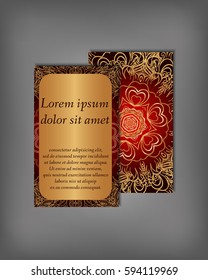 Set of gold business card, flyer template, abstract elegant pattern vector design editable. Hand drawn background. Islam, Arabic, Indian, ottoman. Mandala motifs.
