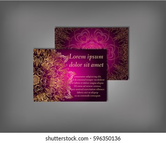 Set of gold business card, flyer template, abstract elegant pattern vector design editable. Hand drawn background. Islam, Arabic, Indian, ottoman. Mandala motifs.