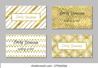 Set of gold business card template or gift cards.  Texture of gold foil. Luxury vector illustration. Editable template. Space for  text. Line, confetti.