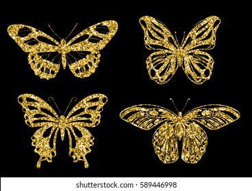 Set gold butterflies geometric shapes. Vector illustration EPS.
